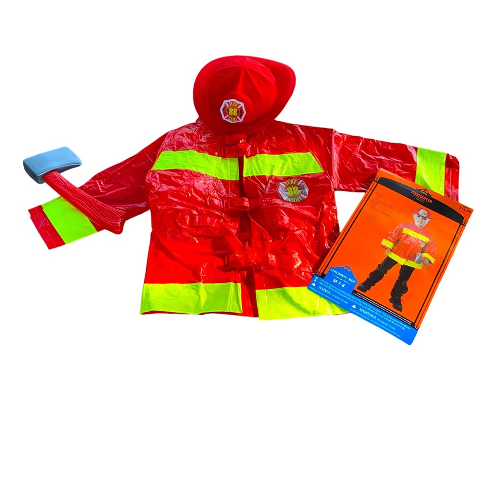 Firefighter‎ 3 piece Halloween costume, axe, firefighter helmet, coat, size 7/8